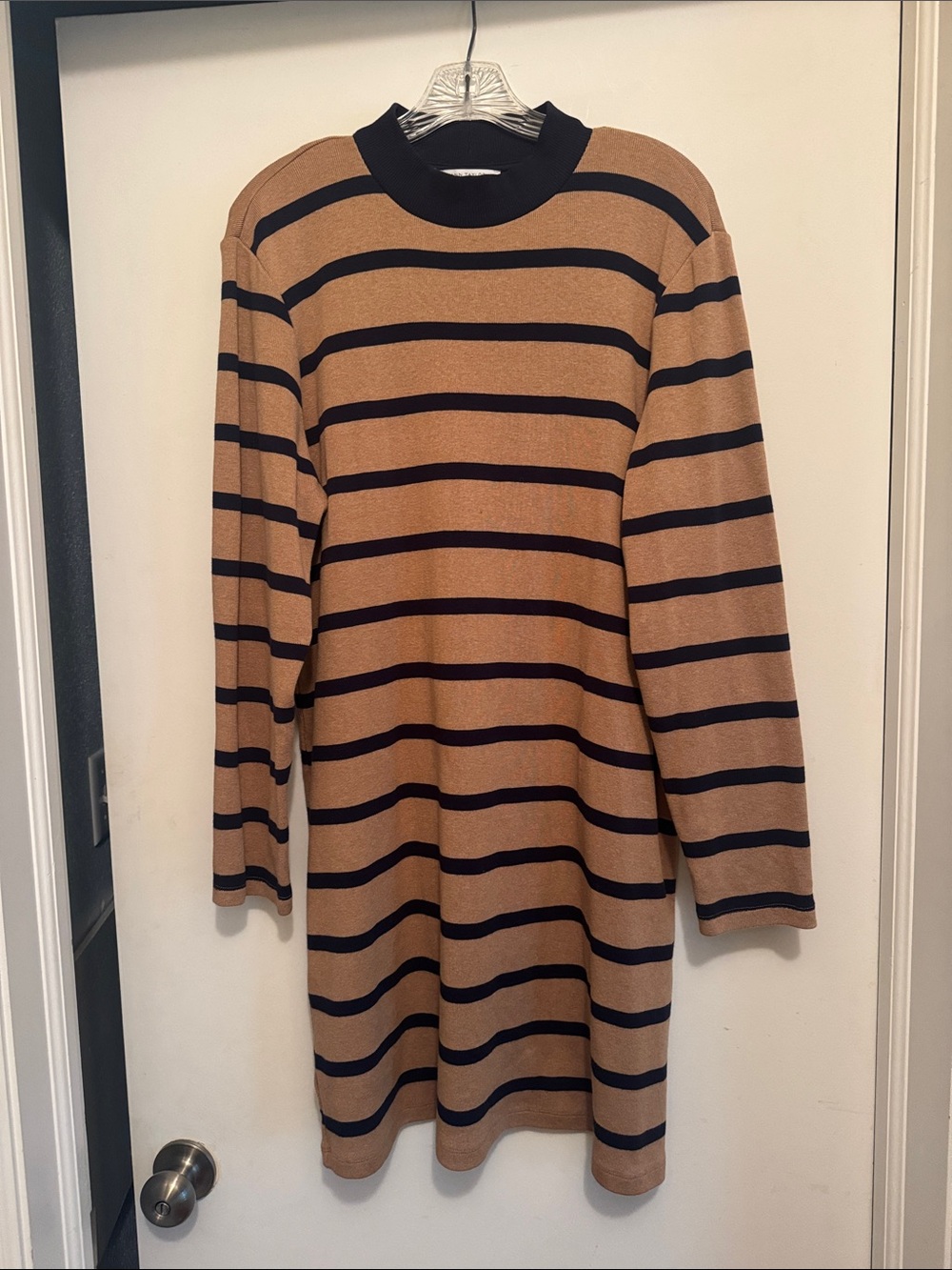 Ann Taylor Camel and Navy Horizontal Stripe Crewneck Dress
